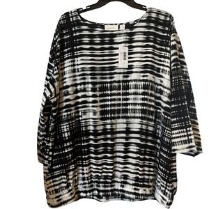 Chico's Women's Blouse Sz 3 16 XL NWT Plaid Illusion 3/4‎ Sleeve Pattern Black